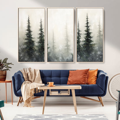 Soft and misty pine forest painting in neutral earthy tones, ideal for calm woodland or minimalist rustic home decor.