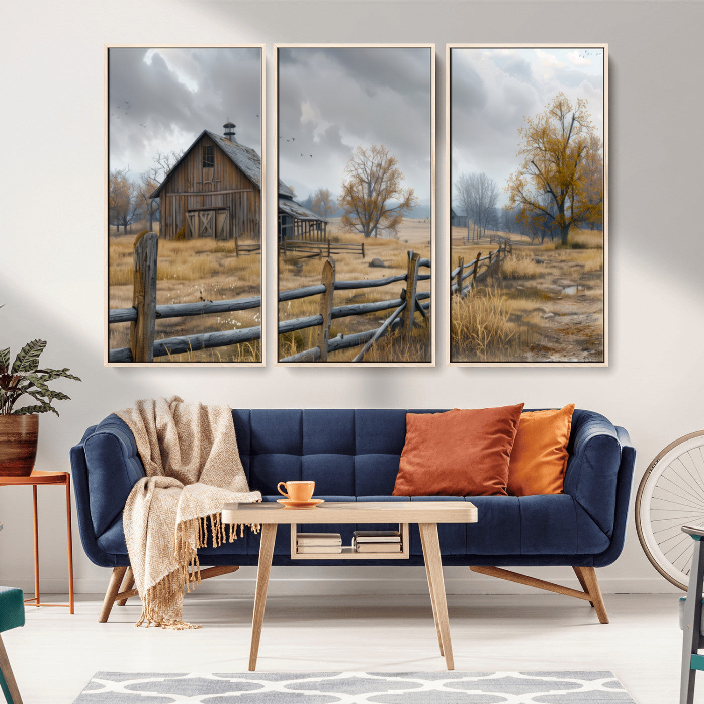A tranquil rural scene featuring a rustic barn, overcast skies, and golden fields with scattered trees, evoking a sense of peaceful solitude in nature.