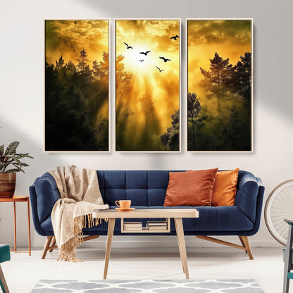 Canvas of a golden forest at sunset with birds flying through glowing sunbeams and silhouetted pine trees, ideal for warm-toned rustic decor.