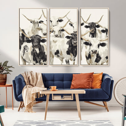 Canvas of a Texas Longhorn cattle herd in neutral black and white tones, ideal for rustic farmhouse or western-themed decor.
