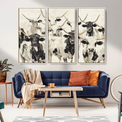Canvas of a Texas Longhorn cattle herd in neutral black and white tones, ideal for rustic farmhouse or western-themed decor.