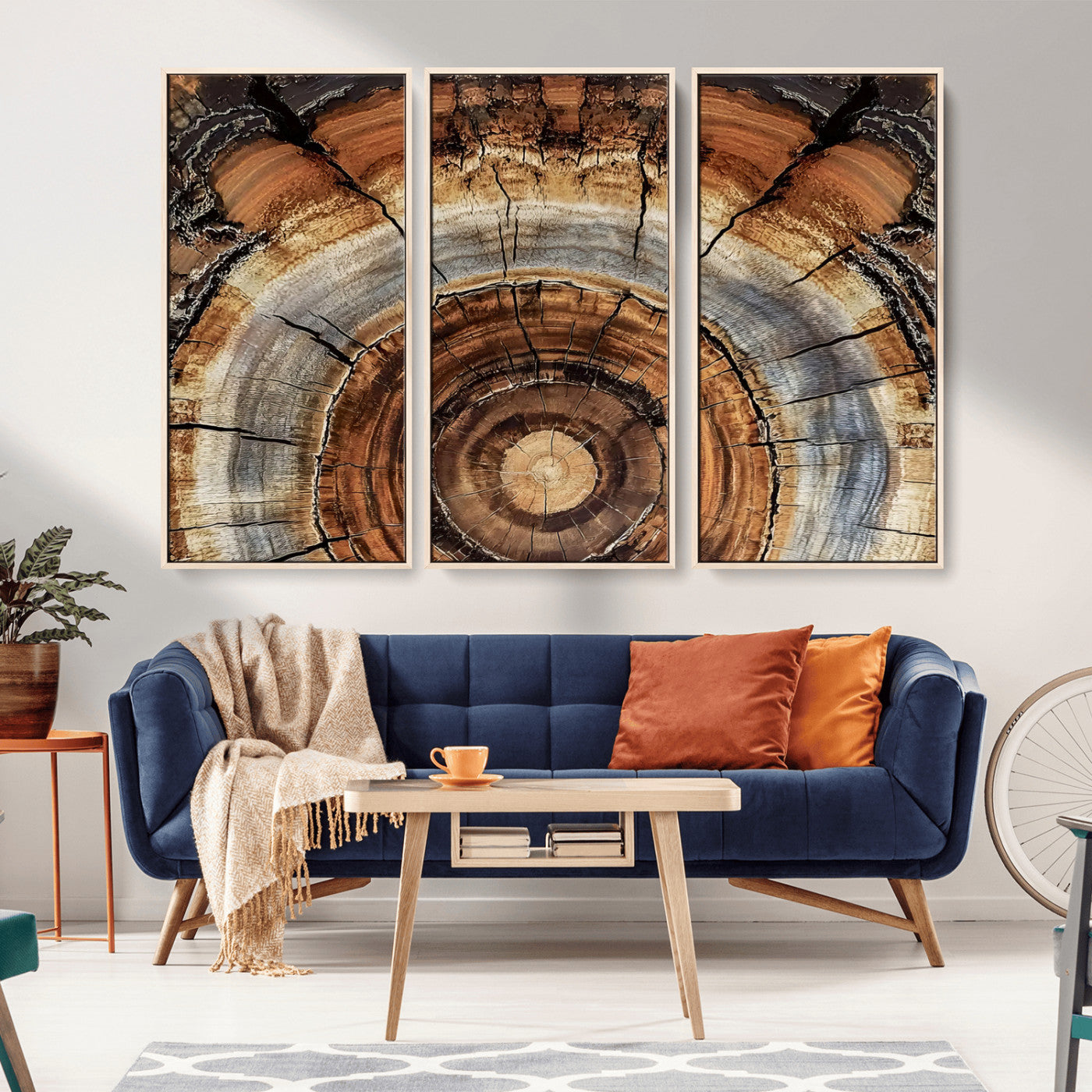 Canvas of tree rings and natural wood grain in earthy tones, ideal for rustic or vintage-inspired home decor with organic textures.