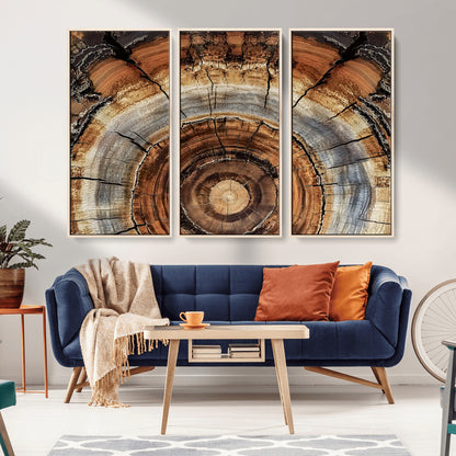 Canvas of tree rings and natural wood grain in earthy tones, ideal for rustic or vintage-inspired home decor with organic textures.