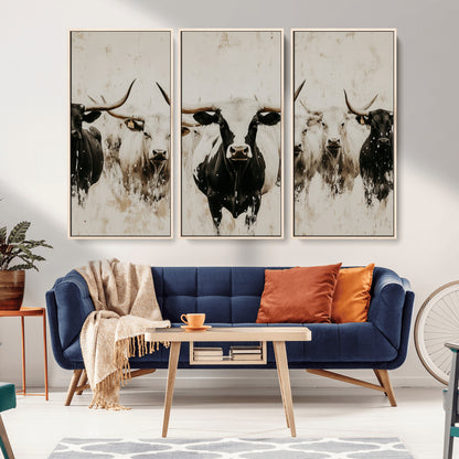 Illustrated herd of longhorn cattle in black and white tones with a neutral textured background, perfect for rustic or farmhouse-style decor.
