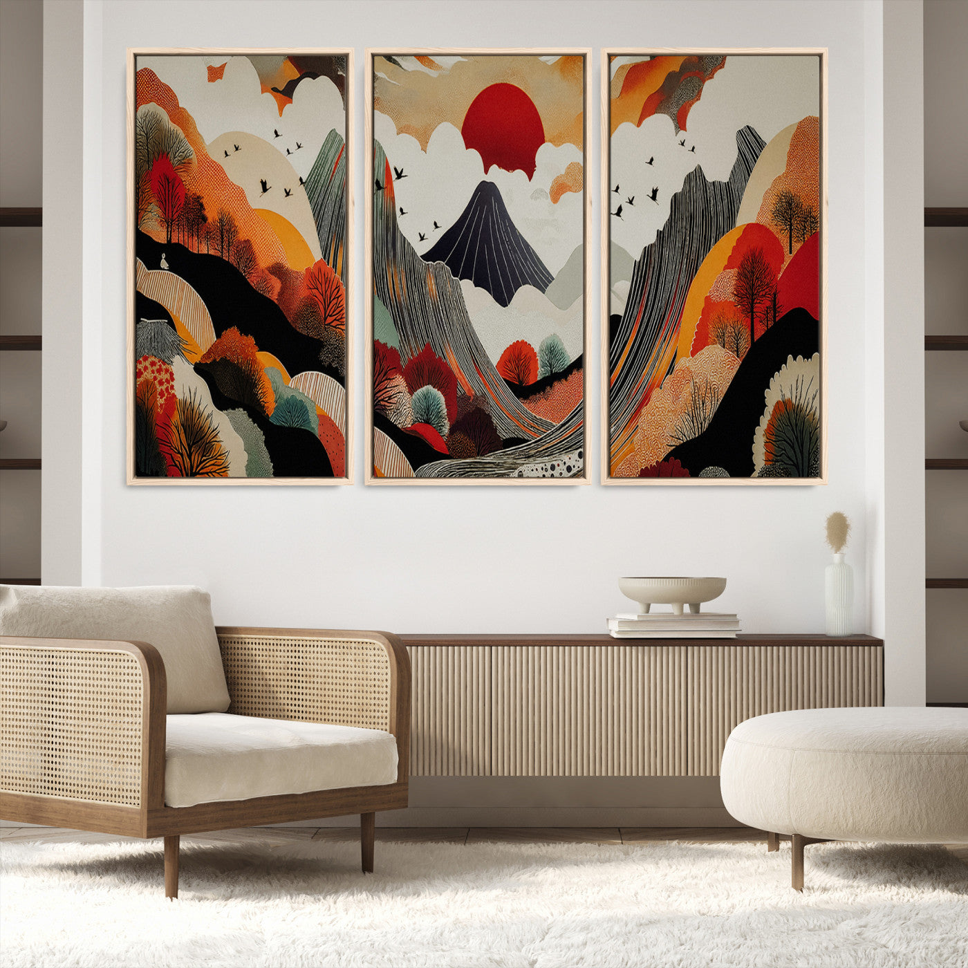 Abstract Mountain Wall Art Canvas Print, Vibrant Landscape Print, Framed Stylized Nature Drawing Art Print, Large Sunset Mountains Printing Perfect for Contemporary Minimalist Decor
