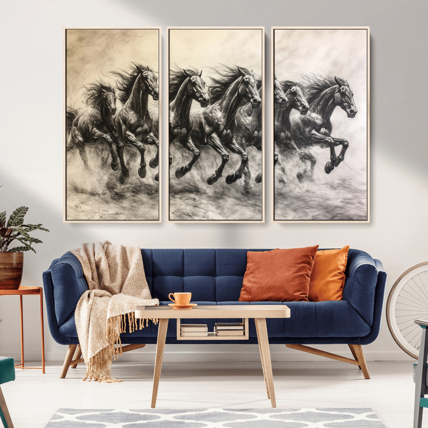 Monochrome drawing of a herd of galloping horses, perfect for dynamic and wild-themed decor in any equestrian or nature-inspired room.