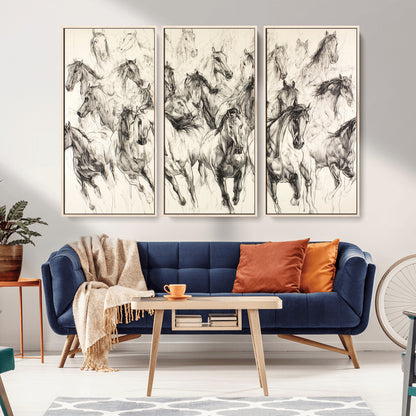 Monochrome ink sketch of galloping horses in dynamic motion, perfect for western or equine-themed wall decor with bold artistic energy.