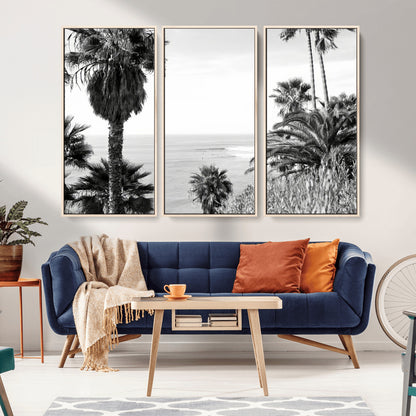 Monochrome canvas of palm trees framing a coastal surf scene, perfect for California-inspired or retro black-and-white beach decor.