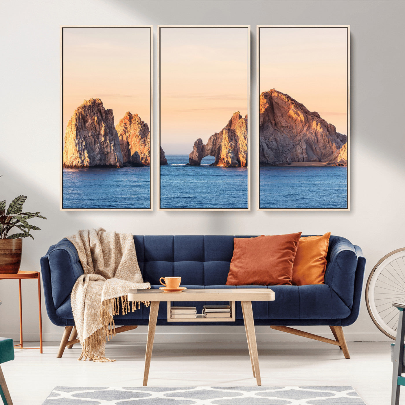 Framed canvas of El Arco rock formation in Cabo San Lucas at golden hour, ideal for coastal landmark or ocean-inspired decor.