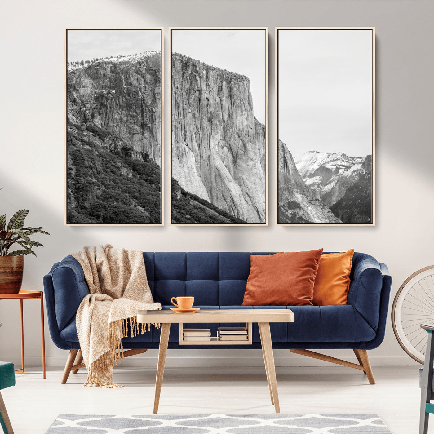 Monochrome canvas of El Capitan’s granite wall in Yosemite with snowy peaks, ideal for dramatic mountain or black-and-white nature decor.