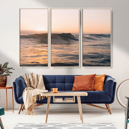 Framed canvas of ocean waves glowing in sunset light, ideal for golden hour calm or peaceful coastal-inspired wall decor.