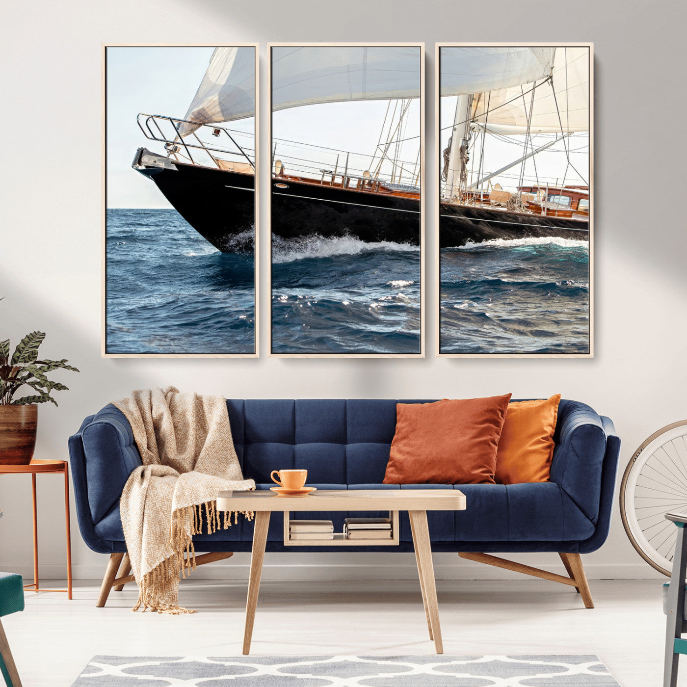 Close-up of a classic sailing yacht with wooden deck and full sails, perfect for nautical or coastal-style decor in ocean-themed spaces.