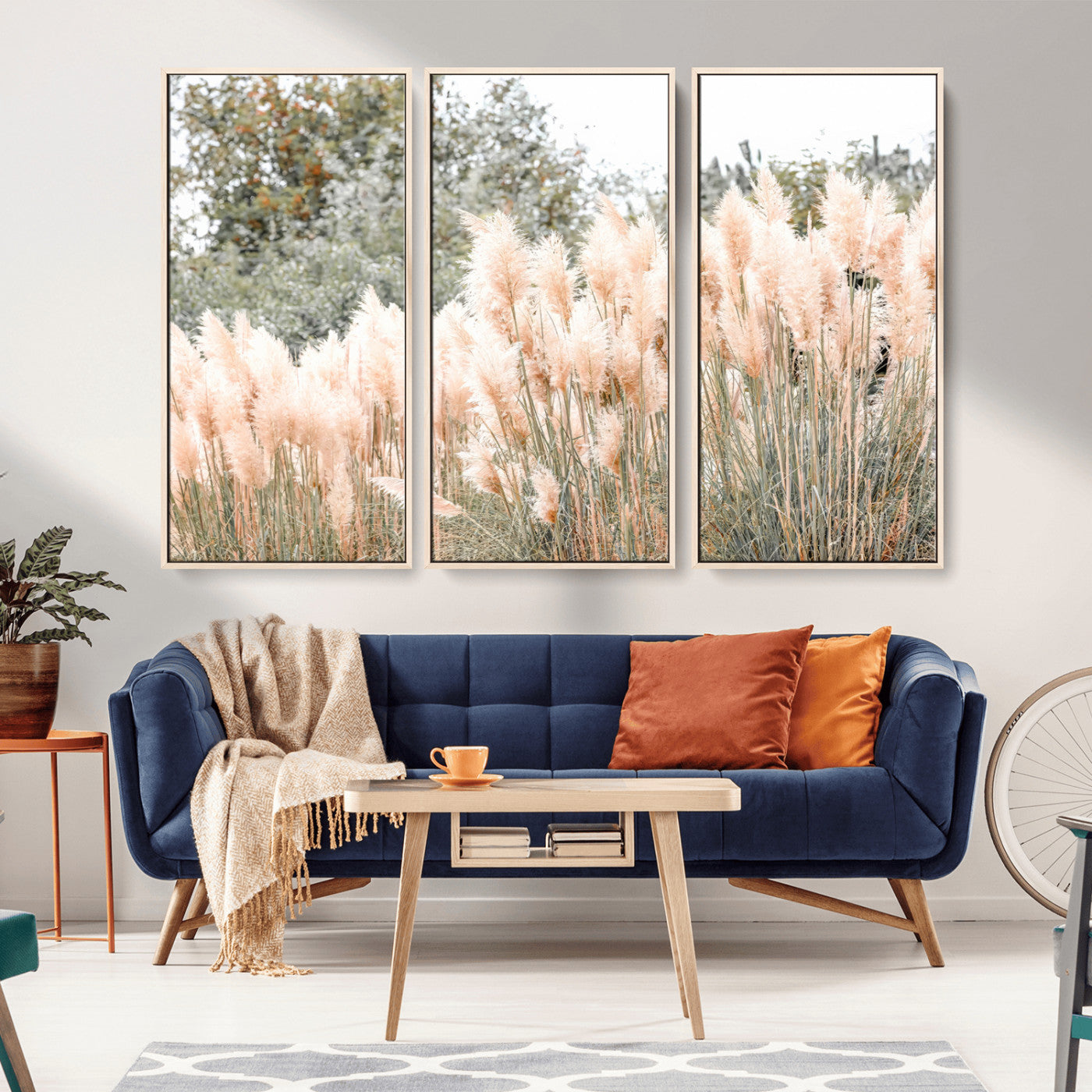 Soft pastel pampas grasses in a natural setting, ideal for neutral boho or rustic botanical-style interior wall decoration.