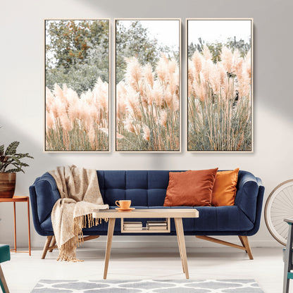 Soft pastel pampas grasses in a natural setting, ideal for neutral boho or rustic botanical-style interior wall decoration.