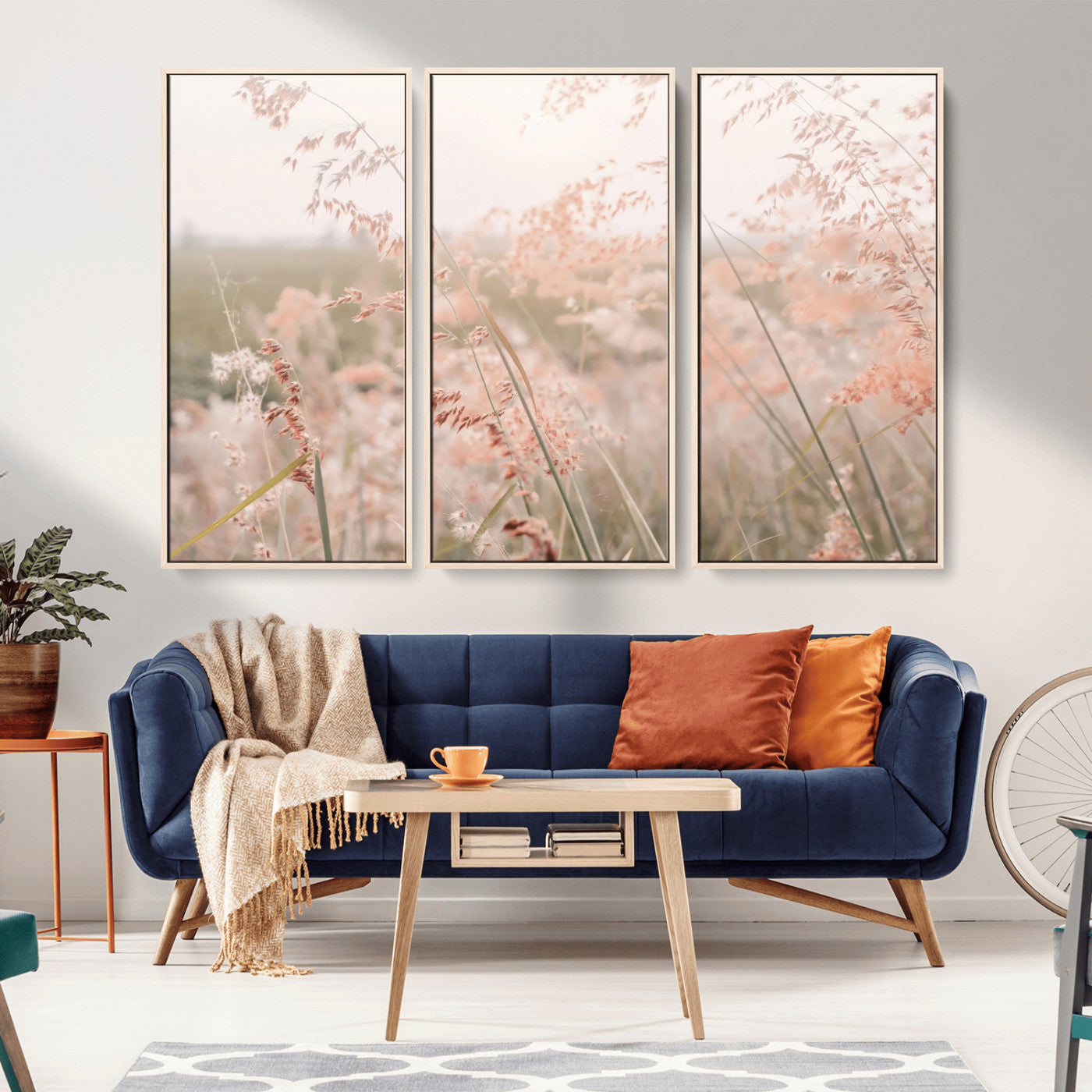 Soft pastel field with wild grasses in warm light, ideal for minimal nature or airy countryside-inspired interior wall decoration.
