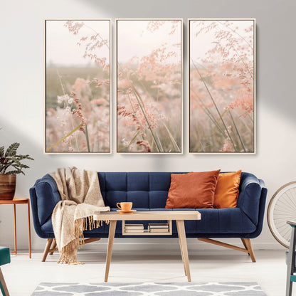 Soft pastel field with wild grasses in warm light, ideal for minimal nature or airy countryside-inspired interior wall decoration.