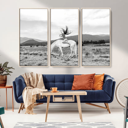 Black and white photo of a woman on a white horse in moody tones, ideal for Western Boho or modern rustic-style home decor.