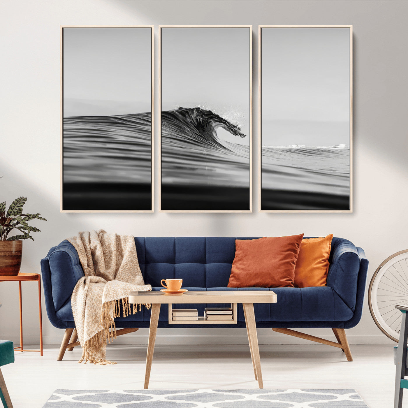 Striking black and white photo of a curling wave, ideal for modern coastal or minimalist wall decor settings.