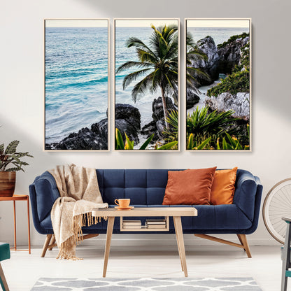Framed canvas of a vibrant tropical coastline with palm trees, rocky cliffs, and turquoise waters, ideal for tropical coastal home decor.