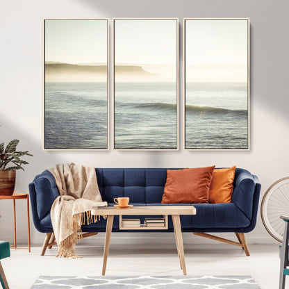 Canvas of a misty ocean scene with coastal cliffs and soft neutral tones, ideal for Scandinavian coastal or minimalist nature-inspired home decor.