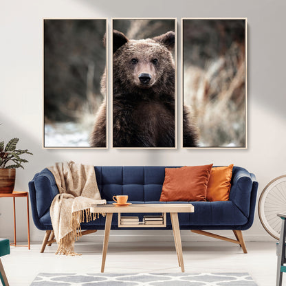 Canvas of a brown bear in soft earthy tones and moody forest light, ideal for rustic cabin or woodland nature-themed home decor.