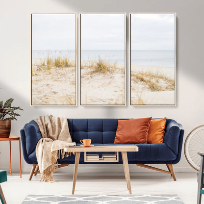 Canvas of soft beach dunes and coastal grasses in neutral tones, perfect for Scandinavian coastal or minimalist nature-inspired home decor.   2/2