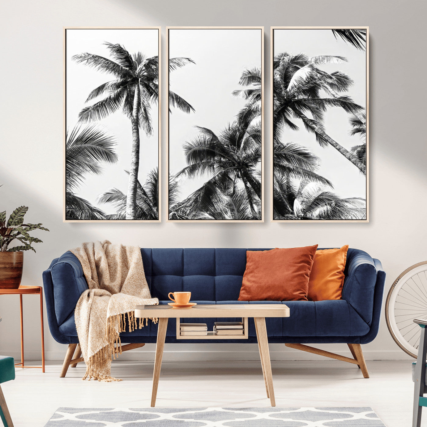 Black and white canvas of tall palm trees in moody tones, perfect for modern tropical minimalist or coastal-style home decor.
