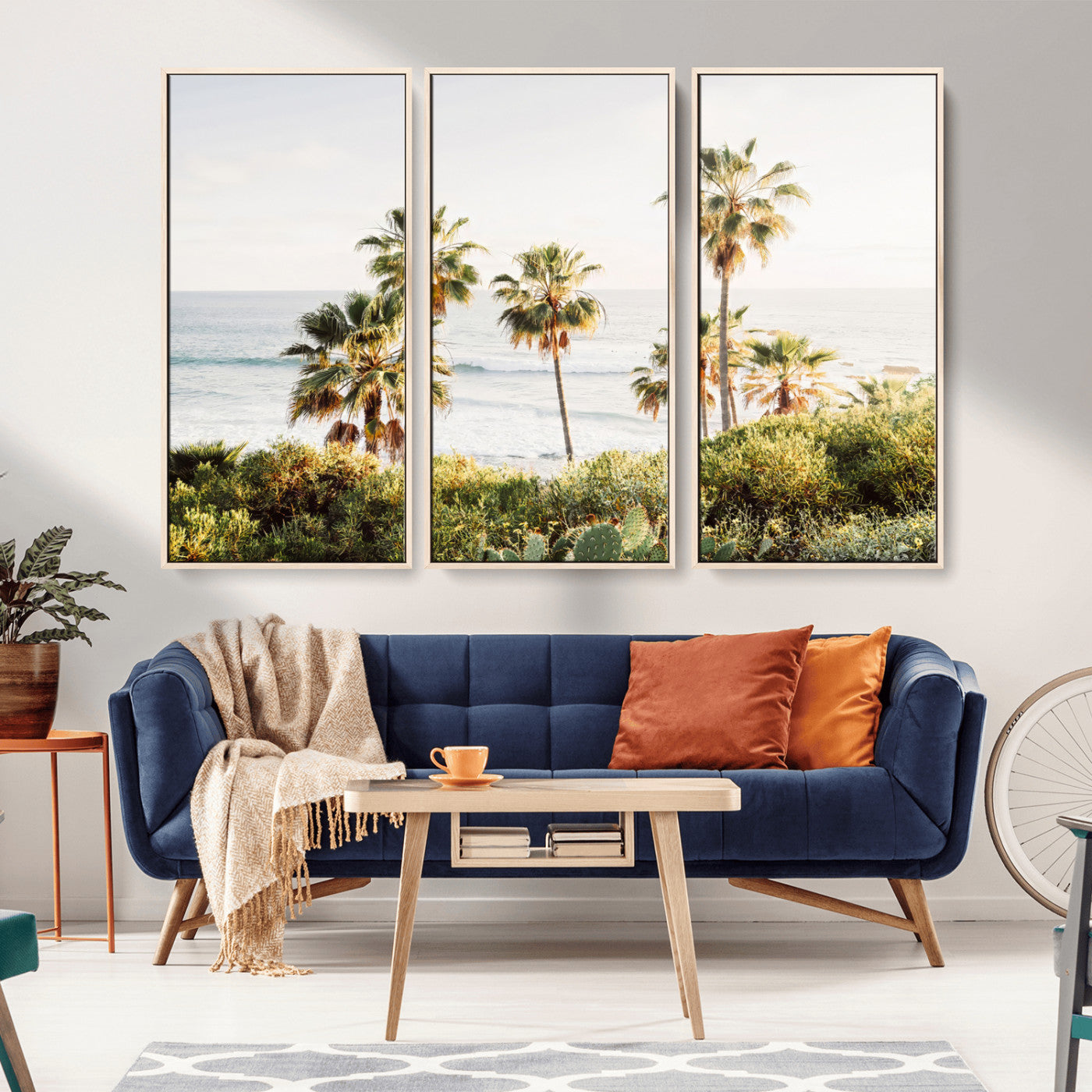 Framed print of sunlit palm trees on the California coast with warm tones, perfect for coastal minimalist or beach-style home decor.