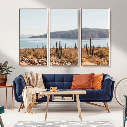 Warm desert landscape with cacti and coastal mountains, perfect for southwestern or earthy calm-themed home wall decor.