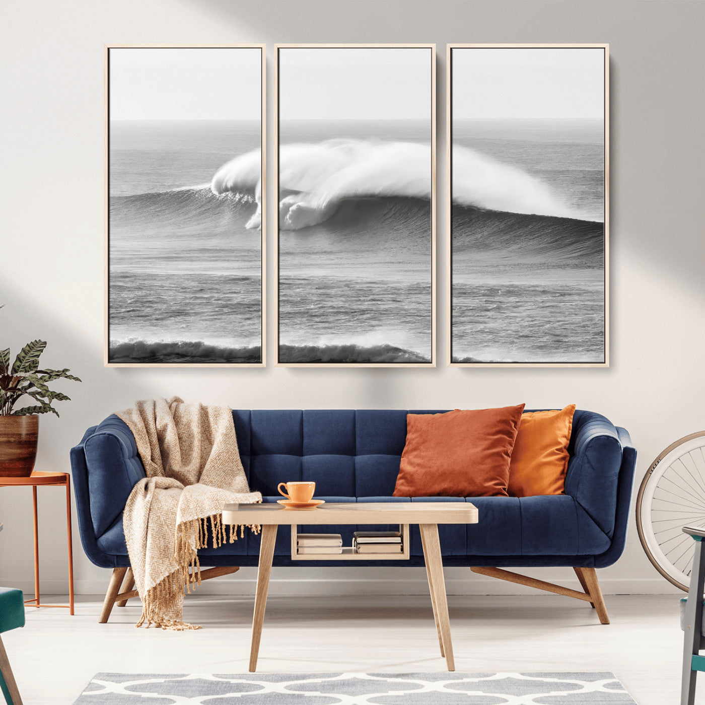 A dramatic black and white ocean wave crashing with immense force, capturing the raw power and movement of the sea in a bold seascape.
