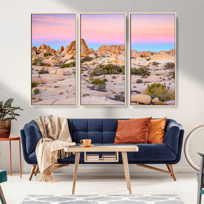 A breathtaking desert landscape featuring rugged rock formations under a vibrant pastel sunset sky, capturing the warmth and serenity of a Southwestern wilderness.