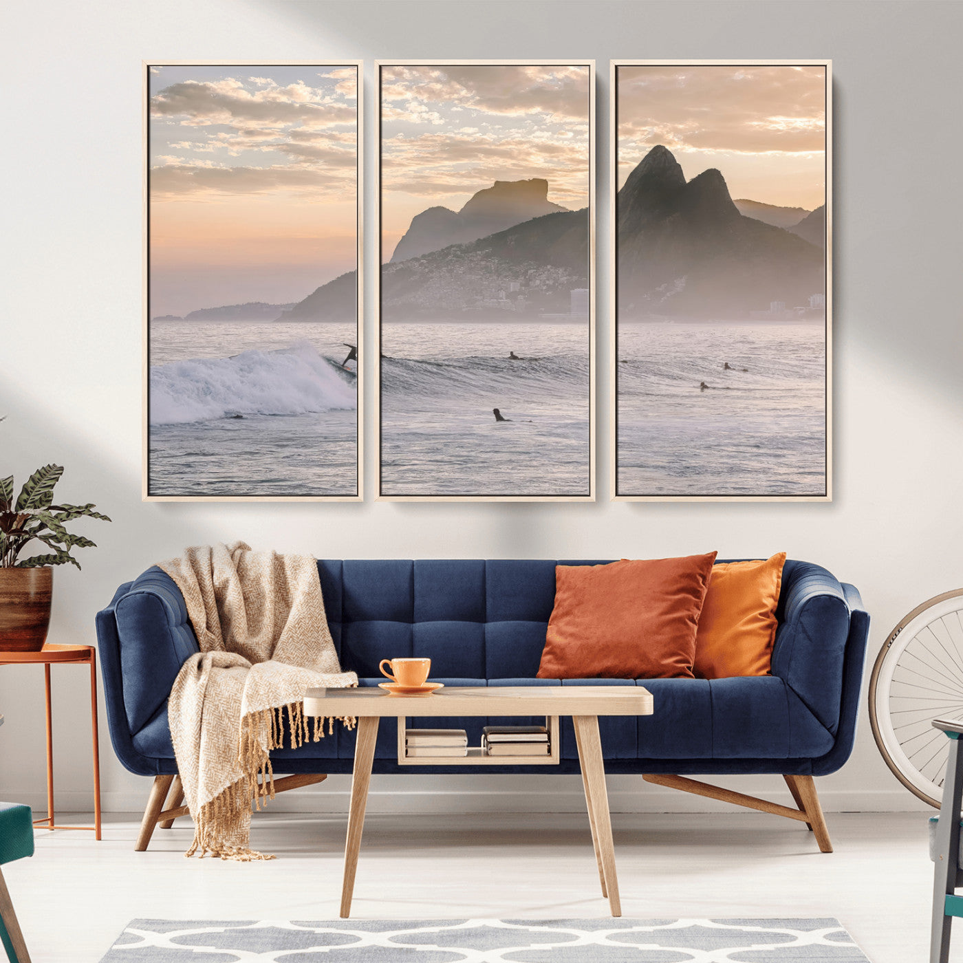 A surfer rides a golden hour wave near misty coastal mountains, surrounded by fellow surfers, capturing the spirit of a coastal adventure.