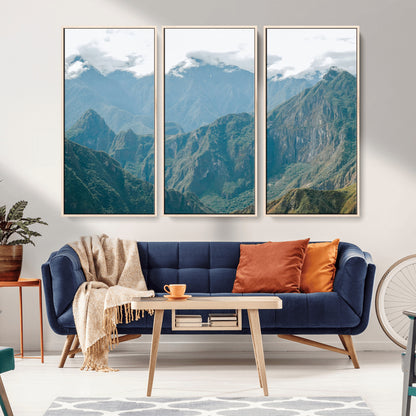 A misty mountain landscape with cloud-covered Andean peaks and lush green valleys, creating a dramatic and serene view, perfect for rustic or nature-inspired home decor.