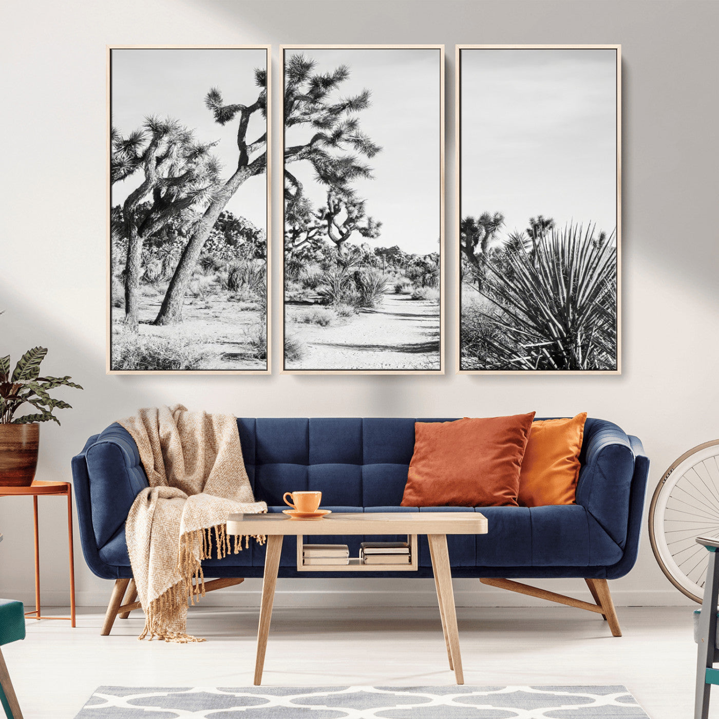 Canvas of a Joshua Tree forest in black and white tones, featuring a desert path and spiky vegetation, ideal for minimalist or rustic decor.