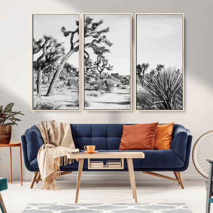 Canvas of a Joshua Tree forest in black and white tones, featuring a desert path and spiky vegetation, ideal for minimalist or rustic decor.