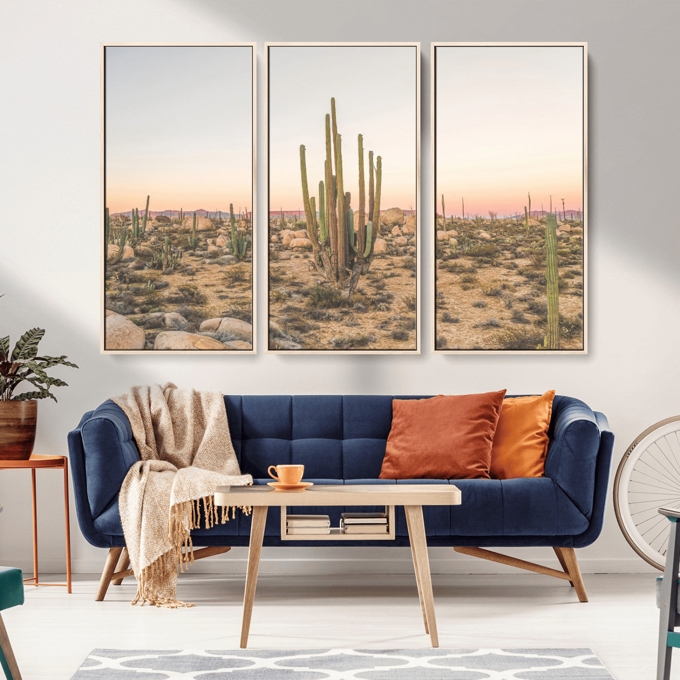 Canvas of tall desert cacti in warm sunset tones over a rocky Baja landscape, ideal for earthy or Southwestern-style home decor.