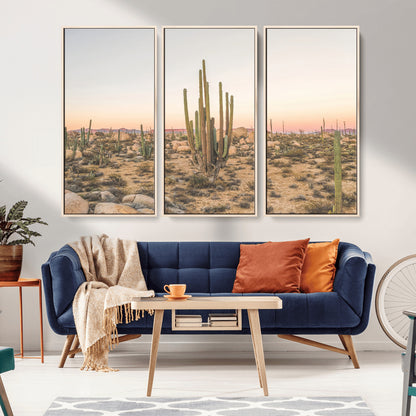 Canvas of tall desert cacti in warm sunset tones over a rocky Baja landscape, ideal for earthy or Southwestern-style home decor.