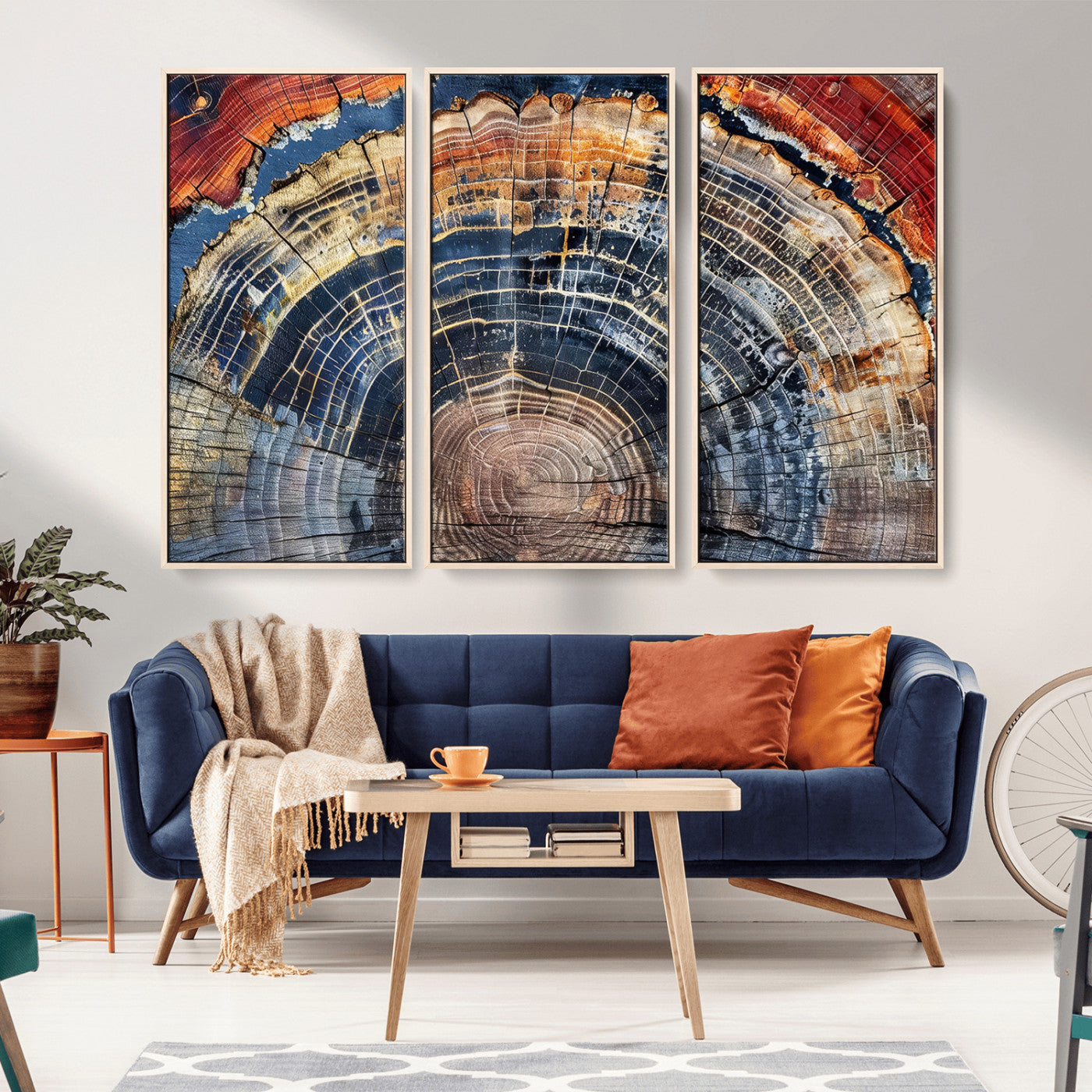 Vibrant tree ring with orange, brown, and blue tones in abstract detail, perfect for rustic or boho-inspired wall decor.
