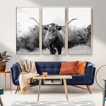 Black and white photo of a longhorn cow in a field, perfect for rustic farmhouse or western-themed interior wall decoration.