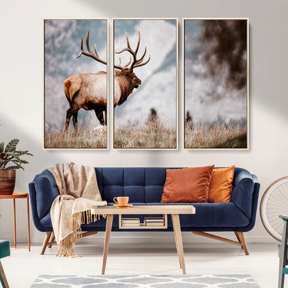 Majestic elk with large antlers standing in grass with snowy mountains in background, perfect for rustic cabin or lodge style decor.