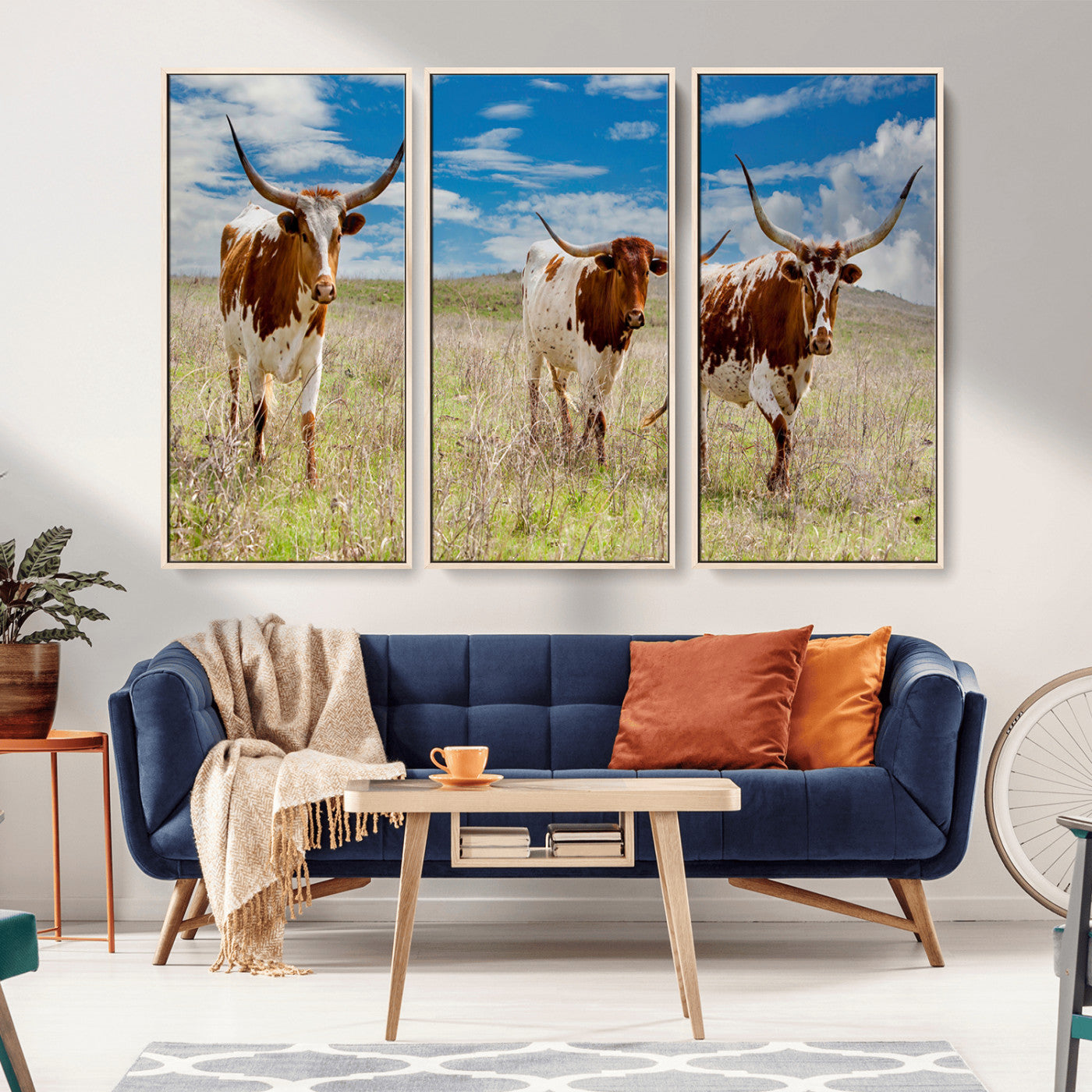 Three Texas longhorn cattle standing in dry grass under a bright blue sky, ideal for farmhouse or western rustic home decor.