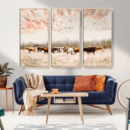 Cattle herd in a soft-toned field under a pastel pink sky, creating a peaceful rustic feel, perfect for farmhouse or western-themed spaces.