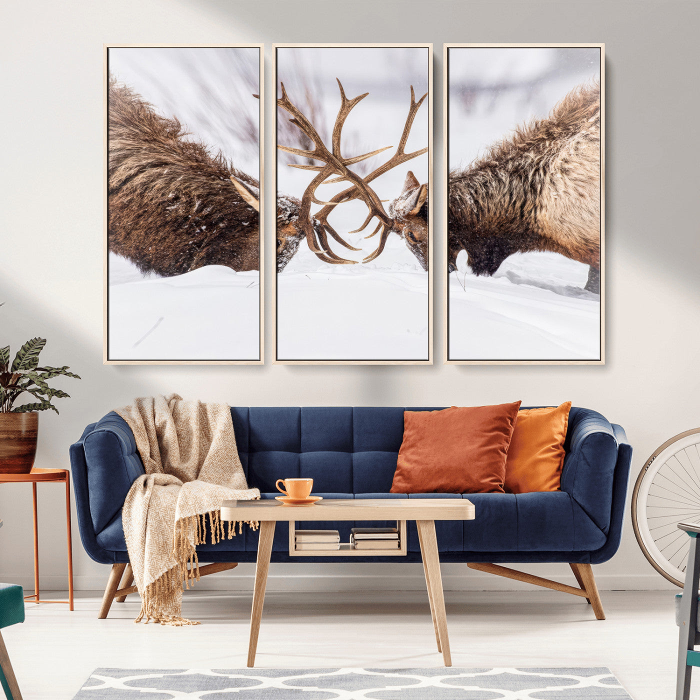 Two elk clashing antlers in a snowy forest, capturing raw power and wild energy, ideal for rustic cabin or lodge-style decor.