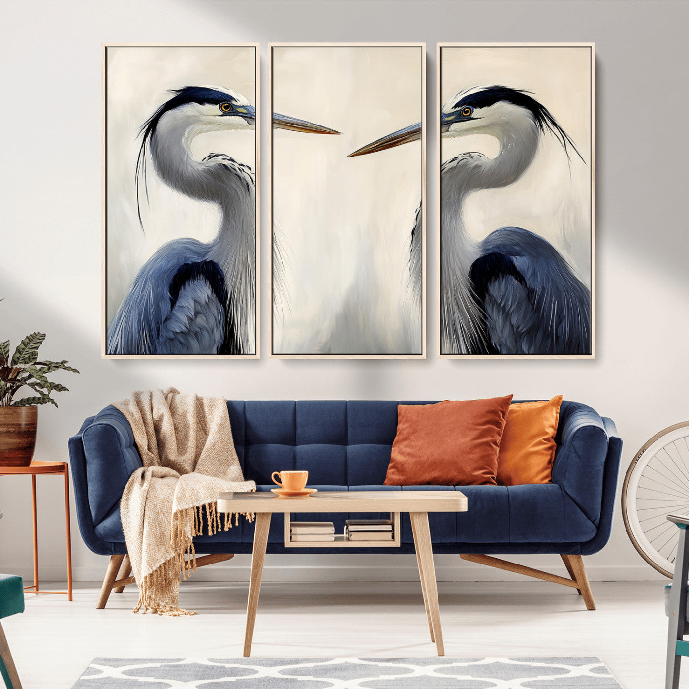 Two blue herons facing each other on a soft neutral background, ideal for coastal, tranquil, or nature-inspired minimalist interiors.