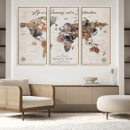 96000140-MGV-CV-36X24-Canvas Travel Map with Pins – Framed Wall Art to Track Countries and Cities, Beautiful World Map in Rustic Old Style for Decoration - H14