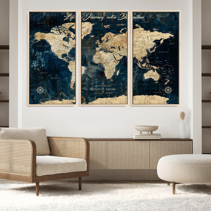 23551206-MGV-FC-48X32-3P_Natural-Old Style World Map with Push Pins – Framed Canvas Print for Wall, Track Past and Future Adventures in a Decorative Way - H15