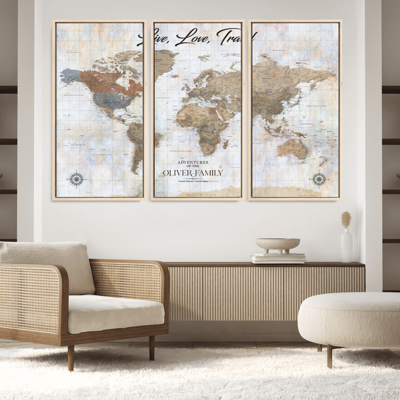 76256172-MGV-FC-48X32-3P_Natural-Custom Push Pin World Map Wall Canvas Print – Personalized Travel Tracker with Pins – Framed Large Multi-Size Canvas for Home Office Decor - H20