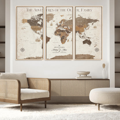 84483613-MGV-FC-48X32-3P_Natural-Custom Push Pin World Map Wall Canvas Print – Personalized Travel Tracker with Pins – Framed Large Multi-Size Canvas for Home Office Decor