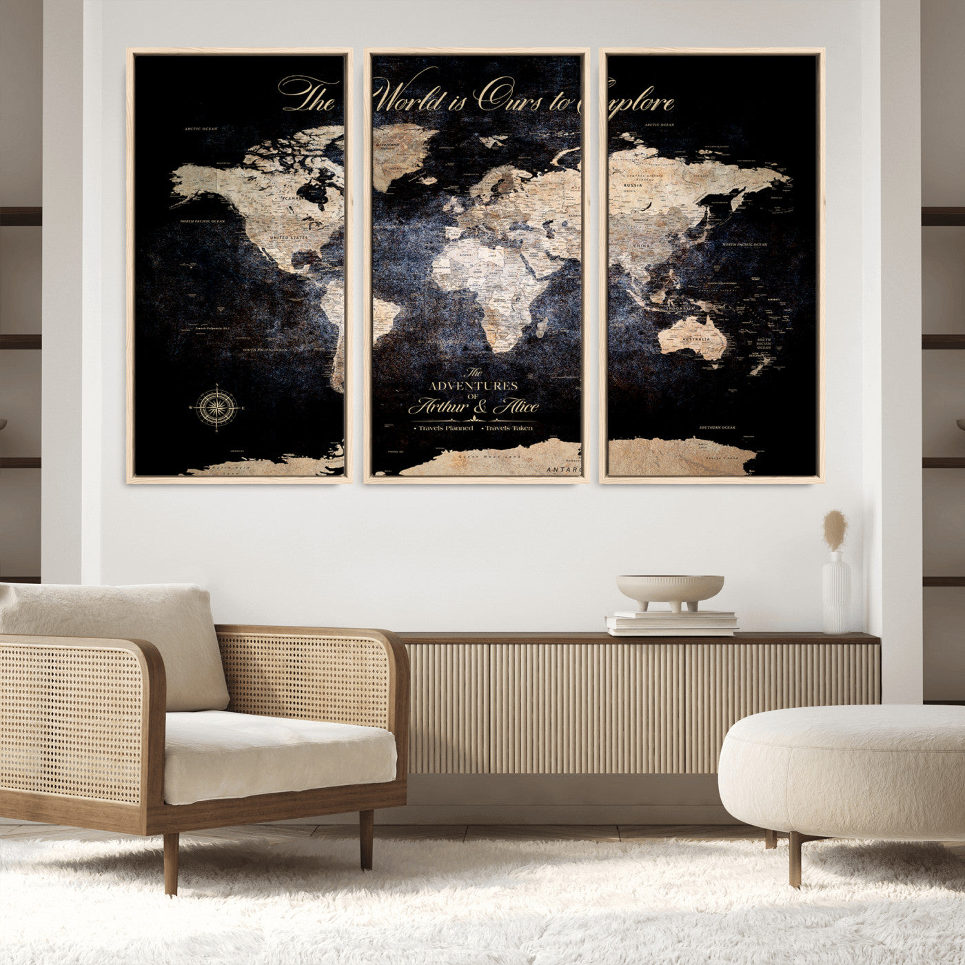 '-Customize Push Pin World Map Wall Canvas Print, Personalized Travel Tracker with Pins, Framed Large Canvas for Home Office Decor - H37