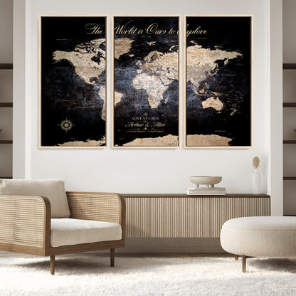 '-Customize Push Pin World Map Wall Canvas Print, Personalized Travel Tracker with Pins, Framed Large Canvas for Home Office Decor - H37